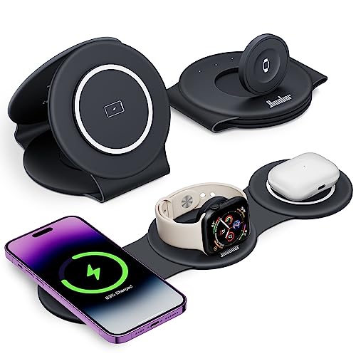 3 in 1 Charging Station for Apple, Hicober Travel Wireless Charger for Magsafe Charger Foldable Stand Compatible for Multple Devices for Apple Watch/iWatch/Airpods/for iPhone 14 13 12 Black